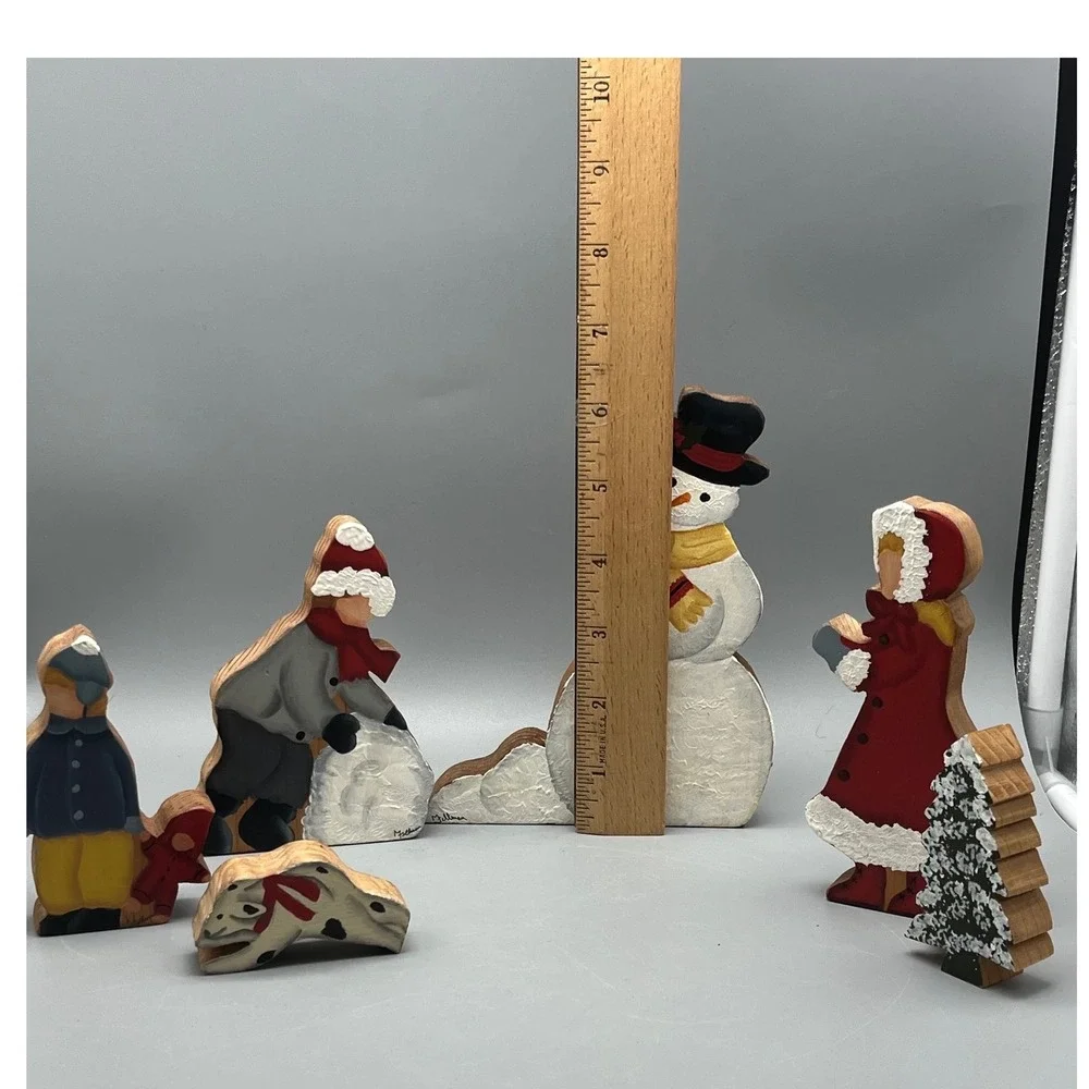 Hand painted‎ signed 6 piece wood Winter scene Snowman children Winter decor
